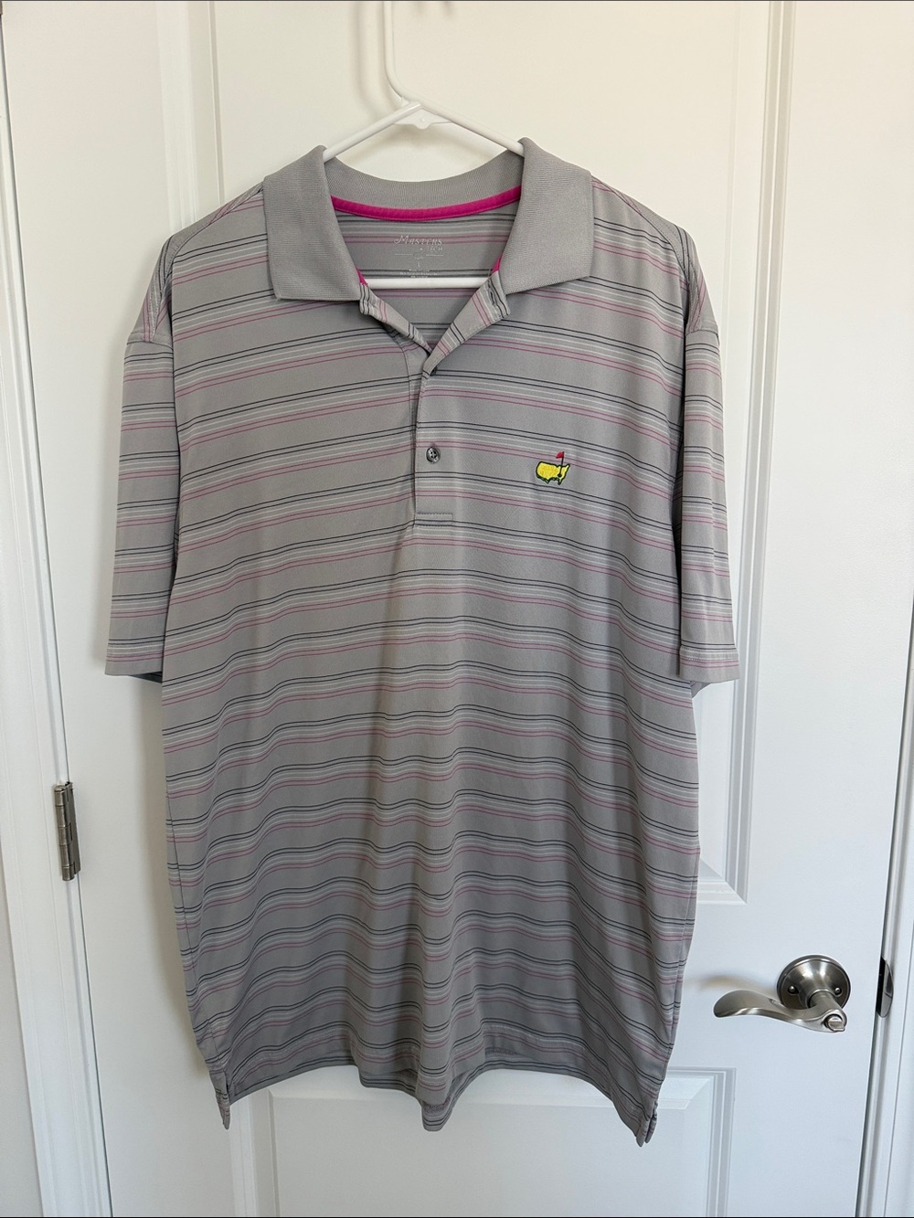 Masters Tech Gray Striped Polo Shirt with Pink Accents - Masters Logo